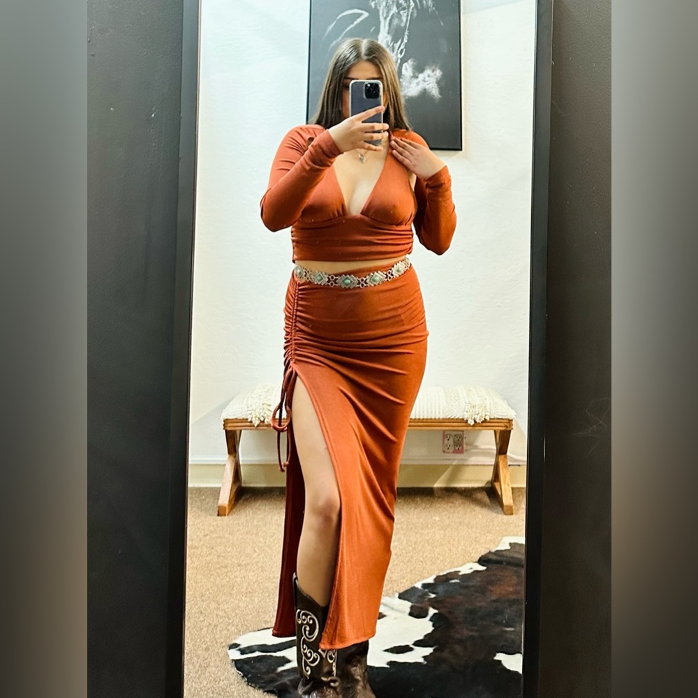 Rust Slinky Ruched Skirt Set